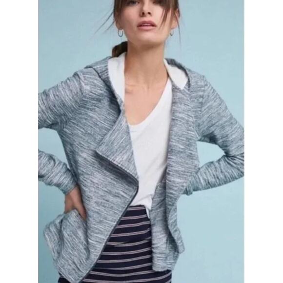 Anthropologie Saturday Sunday Moto Jacket Womens Small Blue Hooded Knit Full Zip - Picture 2 of 11